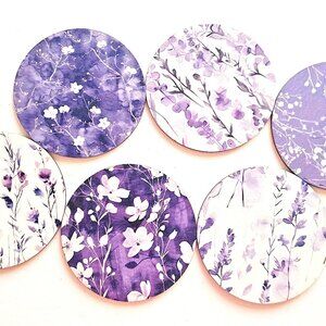 Purple Floral Wooden Cork Coasters Set 6 Watercolor Lavender Botanical Drinkware